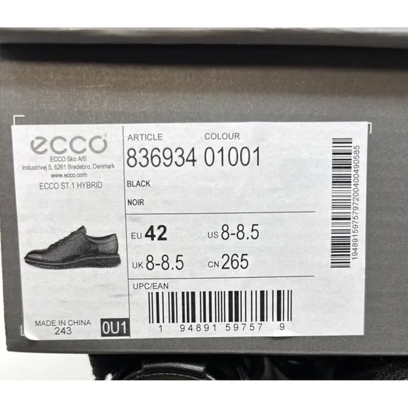 ECCO Mens Shoes Size EU 42  US 8 8.5 ST.1 Hybrid Black Leather Oxford Tie NIB