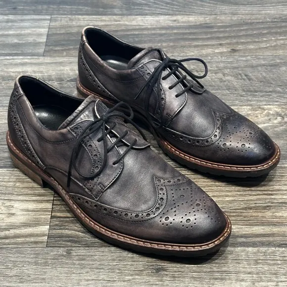 Ecco Vitrus Wing Tip Oxford Leather Dress Shoes in Moonless Brown/Gray Size 9