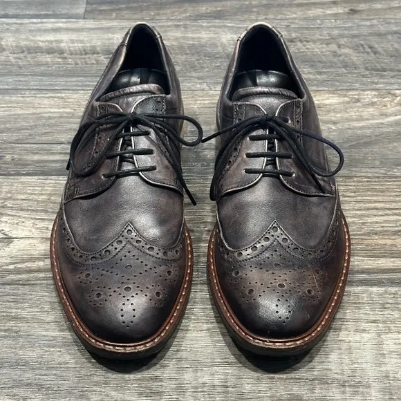 Ecco Vitrus Wing Tip Oxford Leather Dress Shoes in Moonless Brown/Gray Size 9