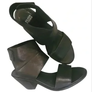 EILEEN FISHER Arts ankle cuff black leather stacked heel sandals shoes Wmn's 8.5