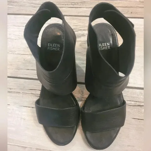 EILEEN FISHER Arts ankle cuff black leather stacked heel sandals shoes Wmn's 8.5