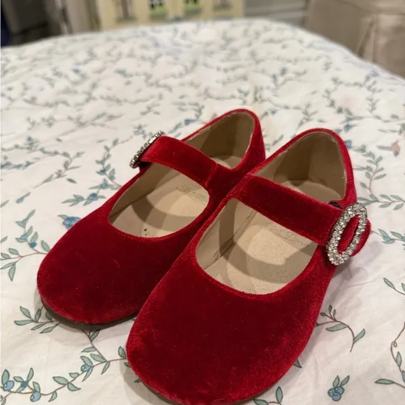 Elegant Red Velvet Kids Shoes with Rhinestone Buckle
