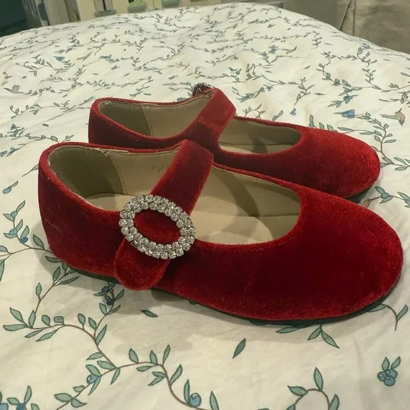 Elegant Red Velvet Kids Shoes with Rhinestone Buckle