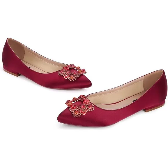 Erijunor Flat Shoes Women Red Satin Rhinestone  Pointy Toe Slip On Comfort Shoes