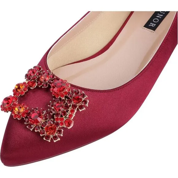 Erijunor Flat Shoes Women Red Satin Rhinestone  Pointy Toe Slip On Comfort Shoes