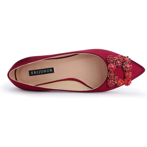 Erijunor Flat Shoes Women Red Satin Rhinestone  Pointy Toe Slip On Comfort Shoes