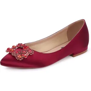 Erijunor Flat Shoes Women Red Satin Rhinestone  Pointy Toe Slip On Comfort Shoes