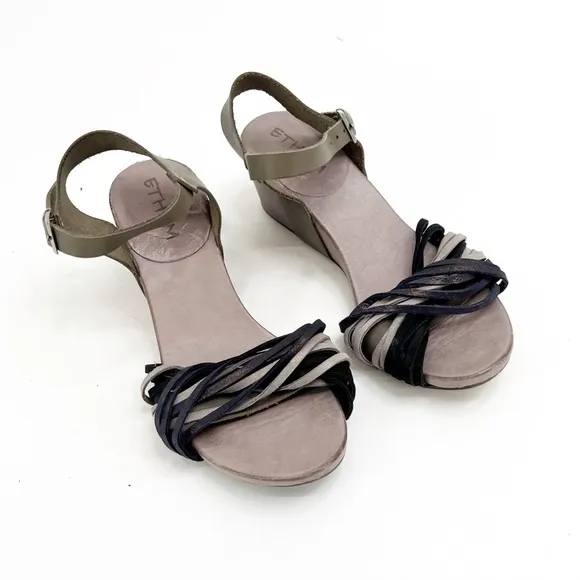 Ethem Tiurai Neutral &amp; Navy Shimmer Wedge Sandals, Size 36