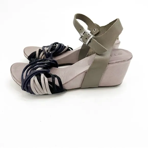 Ethem Tiurai Neutral &amp; Navy Shimmer Wedge Sandals, Size 36