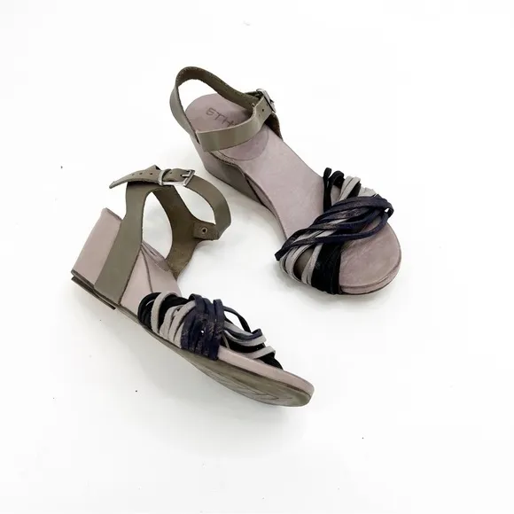 Ethem Tiurai Neutral &amp; Navy Shimmer Wedge Sandals, Size 36