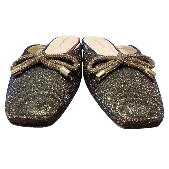 EUC Anthroplogie | Guilhermina Silver Glitter Bow Ballet Mules