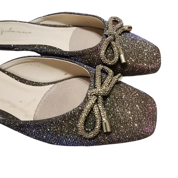 EUC Anthroplogie | Guilhermina Silver Glitter Bow Ballet Mules