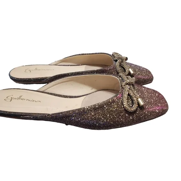 EUC Anthroplogie | Guilhermina Silver Glitter Bow Ballet Mules
