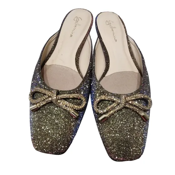 EUC Anthroplogie | Guilhermina Silver Glitter Bow Ballet Mules