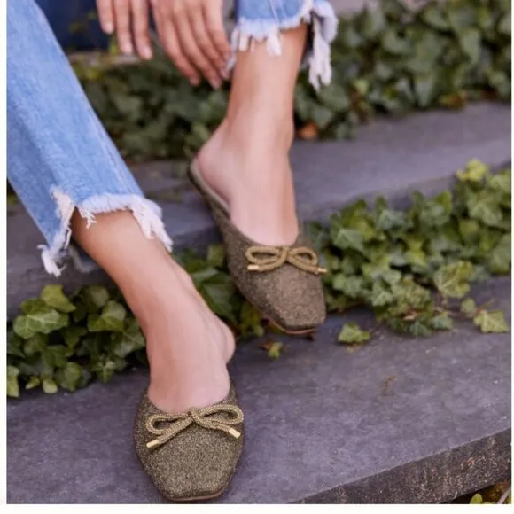 EUC Anthroplogie | Guilhermina Silver Glitter Bow Ballet Mules