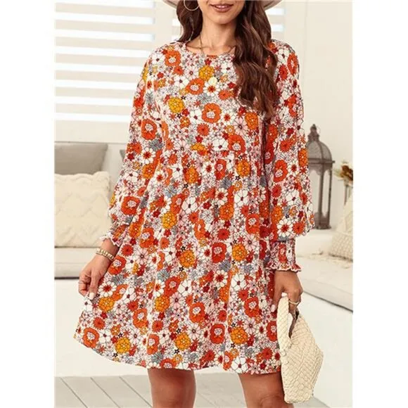 Fall 2024 Women's‎ Casual Floral Dress - Long Sleeve Crew Neck Flowy Mini Shift