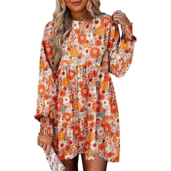 Fall 2024 Women's‎ Casual Floral Dress - Long Sleeve Crew Neck Flowy Mini Shift