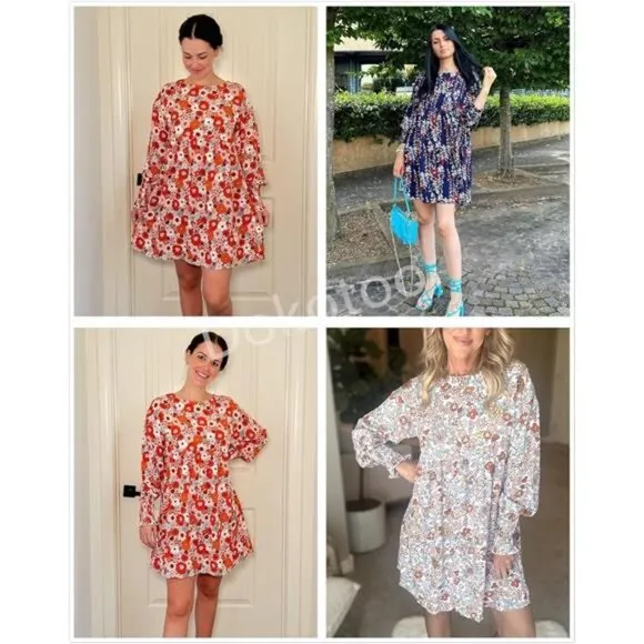 Fall 2024 Women's‎ Casual Floral Dress - Long Sleeve Crew Neck Flowy Mini Shift