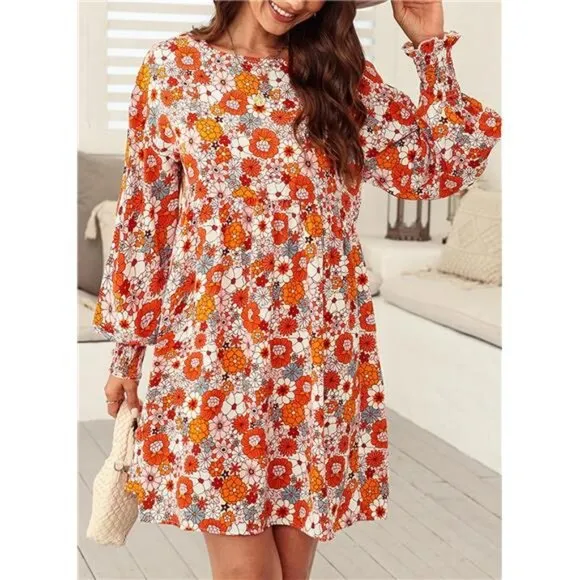 Fall 2024 Women's‎ Casual Floral Dress - Long Sleeve Crew Neck Flowy Mini Shift