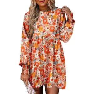 Fall 2024 Women's‎ Casual Floral Dress - Long Sleeve Crew Neck Flowy Mini Shift