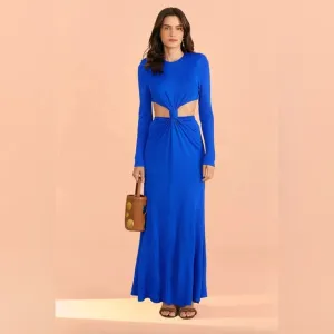 Farm Rio Women Round Neck Blue Knot Cut Out Maxi Dress designer Blue new Small