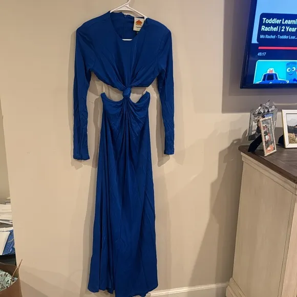 Farm Rio Women Round Neck Blue Knot Cut Out Maxi Dress designer Blue new Small