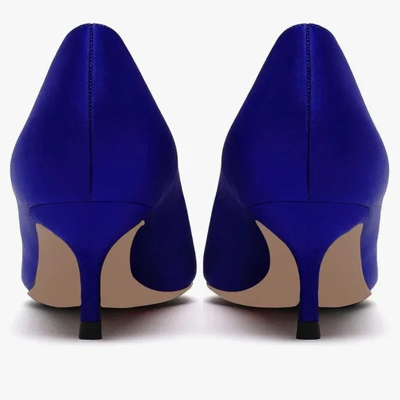 Fashion Pointed Toe Slip On Comfort Basic Kitten Heel Pumps Shoes Blue Satin