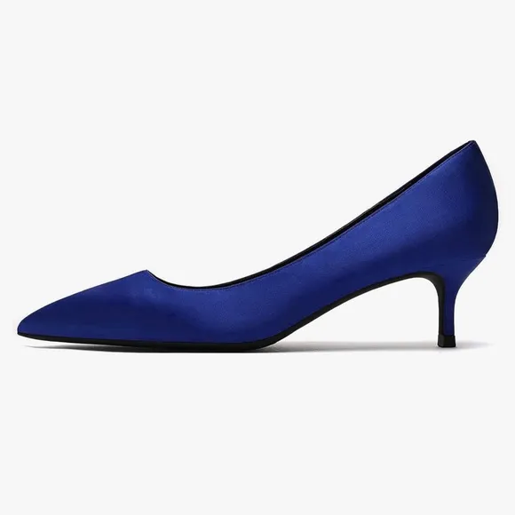 Fashion Pointed Toe Slip On Comfort Basic Kitten Heel Pumps Shoes Blue Satin