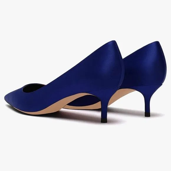Fashion Pointed Toe Slip On Comfort Basic Kitten Heel Pumps Shoes Blue Satin