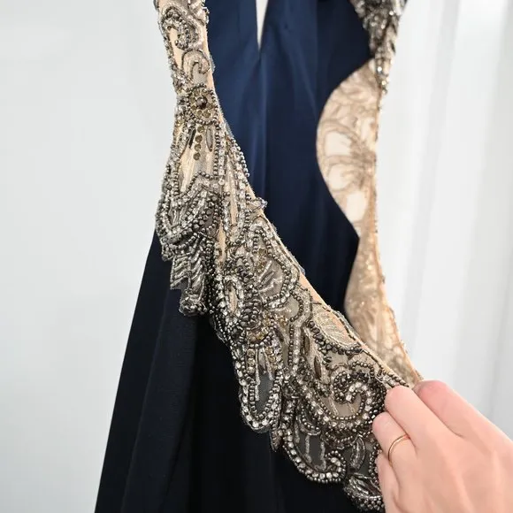 Faviana Size 6 Long Fitted Dress With Beading At Side Waist And Open Back