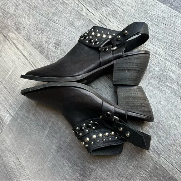 Free People Women’s Mules Embedded Black Leather Western Mules Shoes