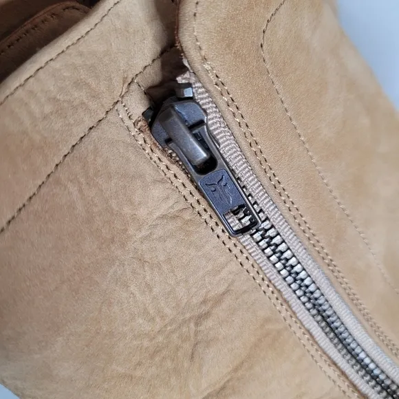 Frye Natalie Double Zip Low Heel Sand Nubuck Leather Bootie - Size 7.5 B