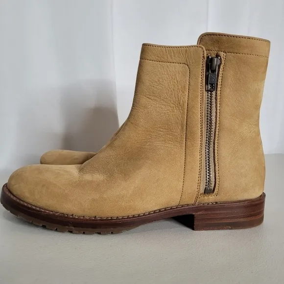 Frye Natalie Double Zip Low Heel Sand Nubuck Leather Bootie - Size 7.5 B
