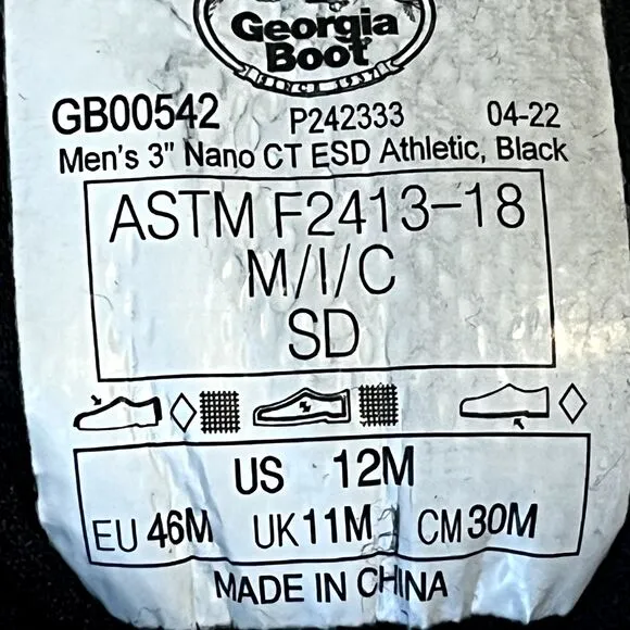 Georgia Boot Nano CT ESD Athletic Black Work Shoes Composite Toe Mens‎ 12 EU 46