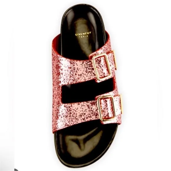 GIVENCHY Pink Swiss Glitter Double Buckle Flat Sandals