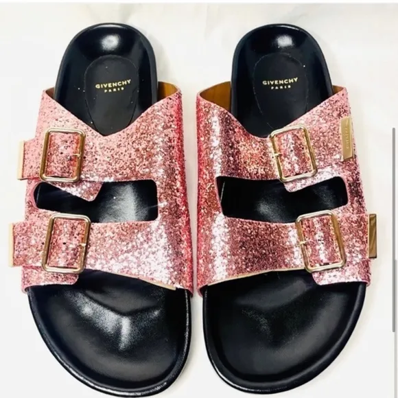 GIVENCHY Pink Swiss Glitter Double Buckle Flat Sandals