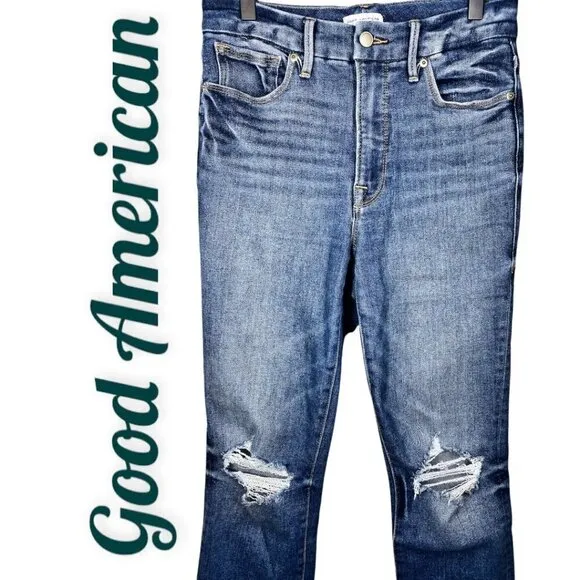 GOOD AMERICAN Good Legs Cigarette High Rise Busted Knee Distressed Jeans, Size 4