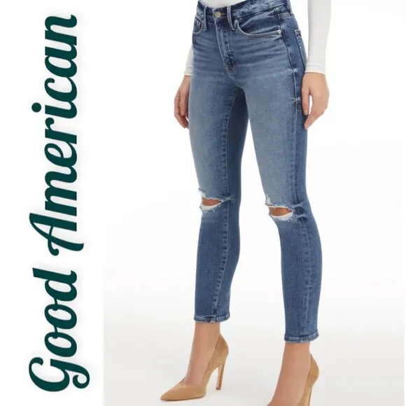 GOOD AMERICAN Good Legs Cigarette High Rise Busted Knee Distressed Jeans, Size 4