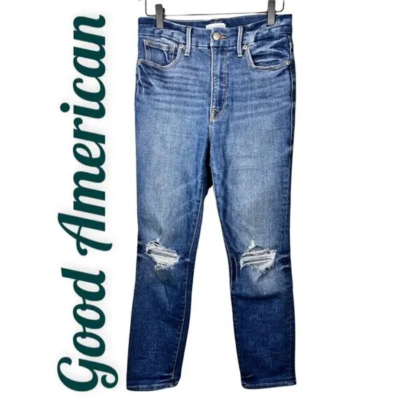 GOOD AMERICAN Good Legs Cigarette High Rise Busted Knee Distressed Jeans, Size 4