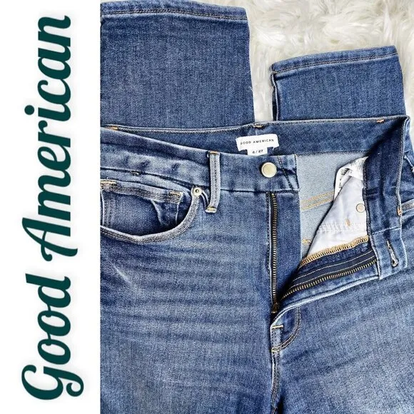 GOOD AMERICAN Good Legs Cigarette High Rise Busted Knee Distressed Jeans, Size 4