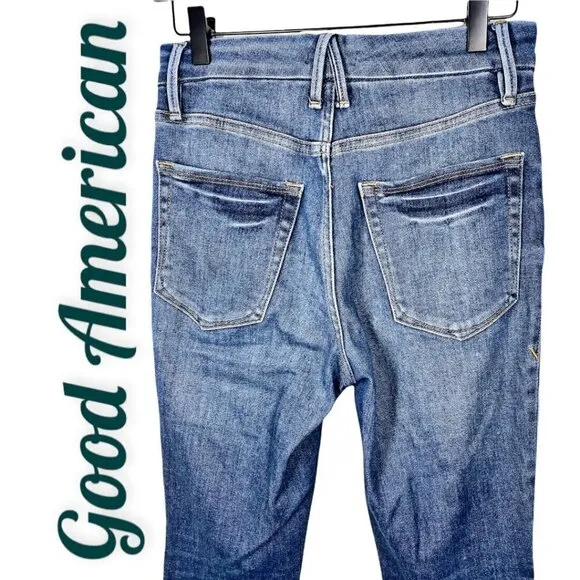 GOOD AMERICAN Good Legs Cigarette High Rise Busted Knee Distressed Jeans, Size 4