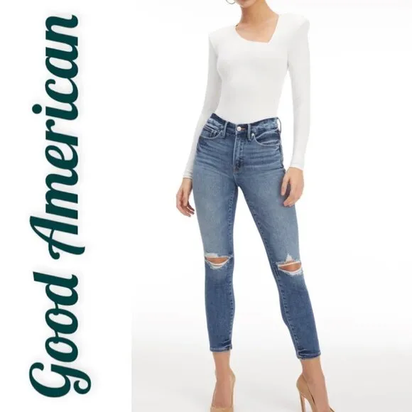 GOOD AMERICAN Good Legs Cigarette High Rise Busted Knee Distressed Jeans, Size 4