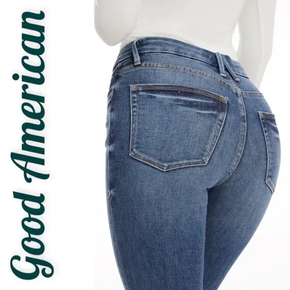 GOOD AMERICAN Good Legs Cigarette High Rise Busted Knee Distressed Jeans, Size 4