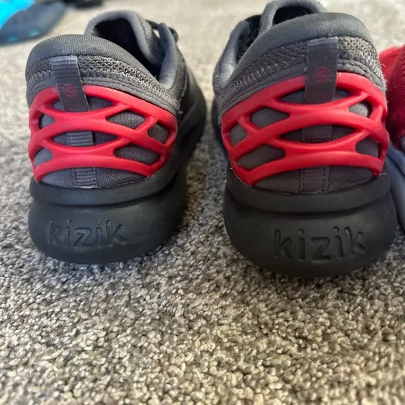 Gray, Red and Blue Kizik shoes kids size 3