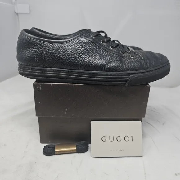 Gucci Camelot Nappa Moorea Men's Size 9 Black Pebbled Leather Low Top Sneakers