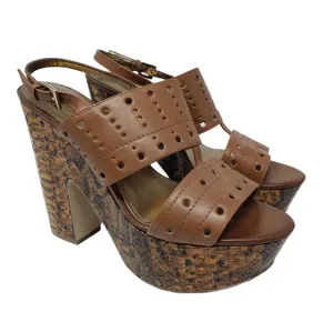 Guess Leather Platform Chunky Heeled Shoes Size 8.5 Brown Tan Heels Ankle Strap