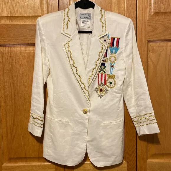Helene D Collection Vintage linen blazer nautical embroidered white size 8