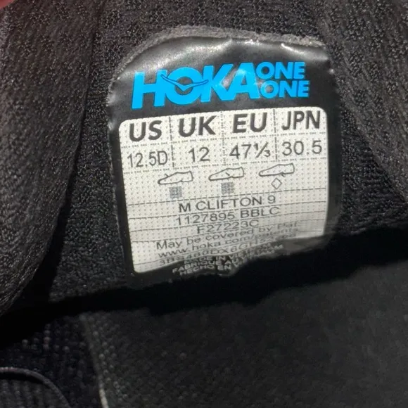Hoka Clifton 9 All Black Men’s‎ Sz 12.5 D Running Shoes