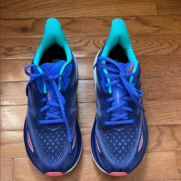 Hoka Clifton 9 Blue and Pink Athletic Shoes with Cushioned Midsole