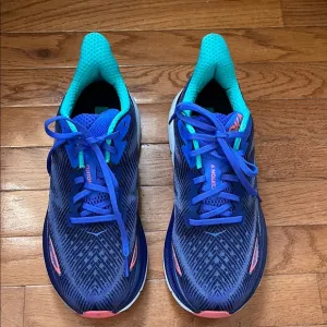 Hoka Clifton 9 Blue and Pink Athletic Shoes with Cushioned Midsole